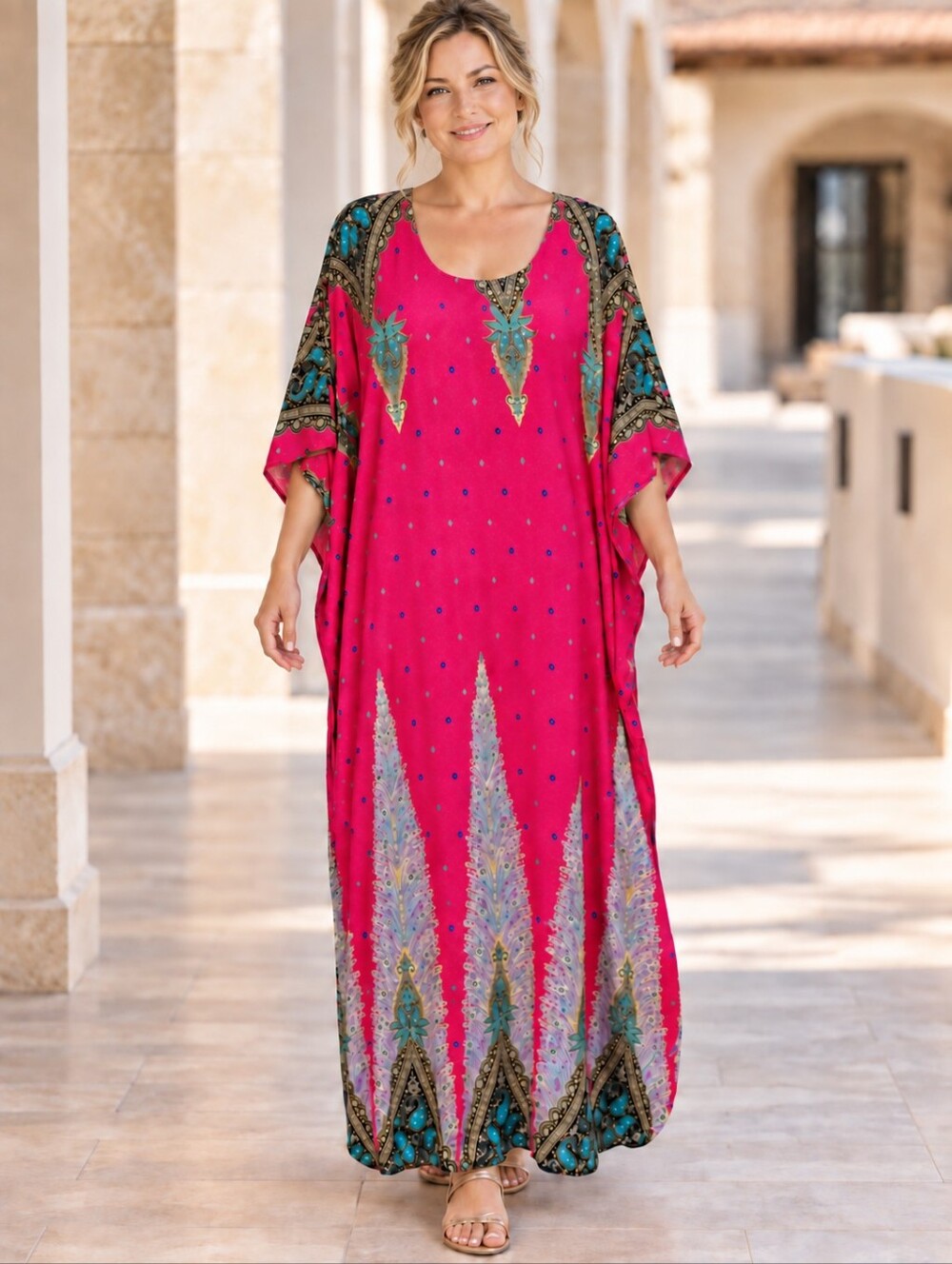 Vibrant Peacock And Paisley Print Maxi Kaftan